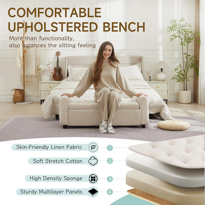 Ottoman with Storage, Tufted Storage Bench for Bedroom, 48" Fabrics End of Bed Bench, Upholstered Entryway Shoe Benches with Rolled Arm & Inner Zipper, Window Ottomans Chest without Rivets, Beige