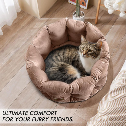 ClevaHome Deep Nest Cat Bed for Small Pets up to 15lbs - Round Cat Beds for Indoor Cats, Luxurious Velvet Feel, Extra High Sides, Machine Washable Comfort Pet Bed with Non-Slip Bottom (Warm Beige)