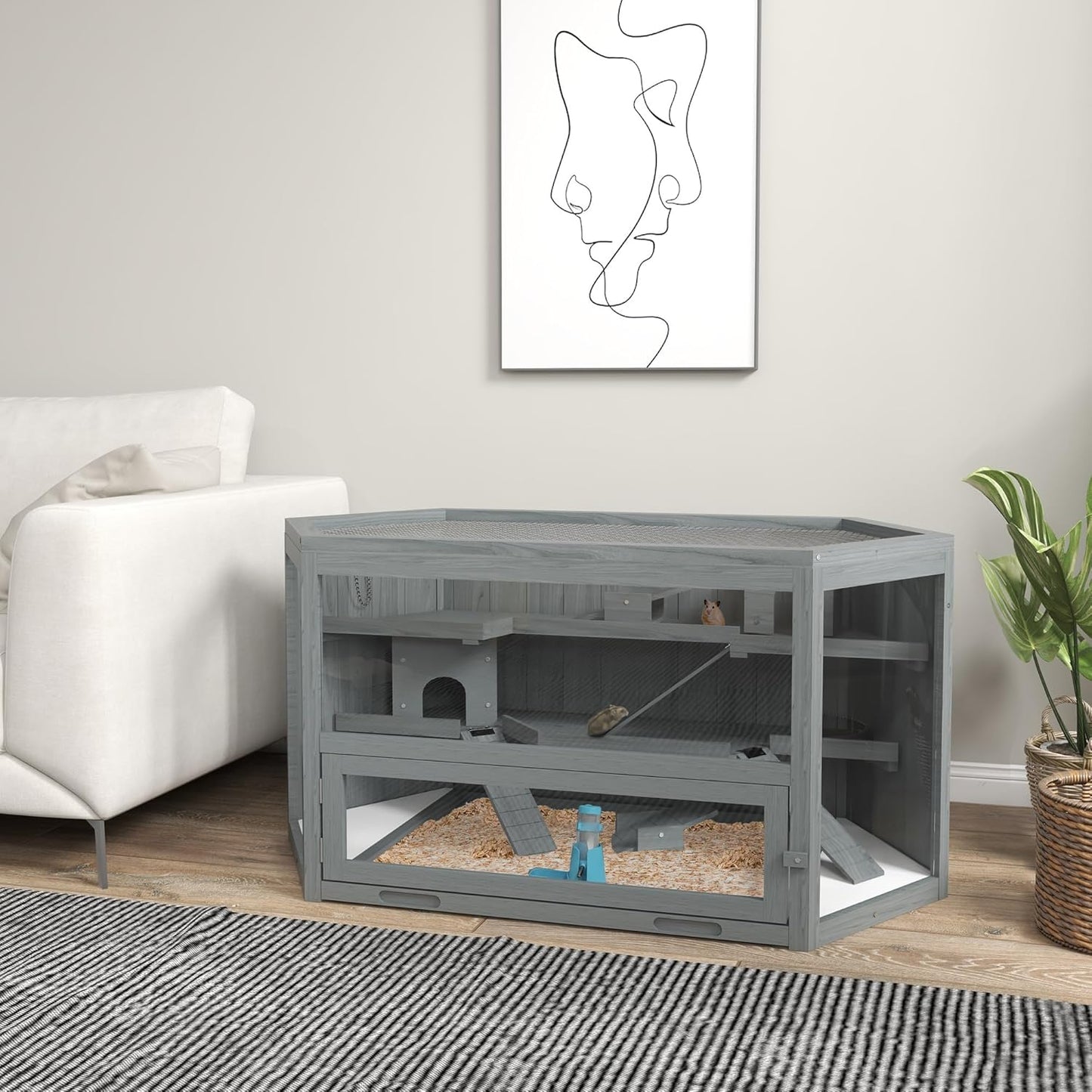 PawHut Wooden Large Hamster Cage Small Animal Exercise Play House 3 Tier with Tray, Seesaws, Water Bottle, Activity Center, Gray