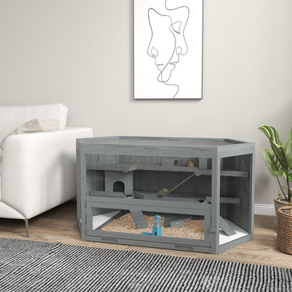 PawHut Wooden Large Hamster Cage Small Animal Exercise Play House 3 Tier with Tray, Seesaws, Water Bottle, Activity Center, Gray