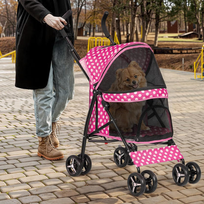 Magshion Compact Pet Stroller for Small-Medium Dogs/Cats up to 22lbs, 4-Wheel Lightweight Umbrella Shaped Portable Puppy Travel Jogger with Breathable Mesh & Rear Storage, Pink Polka Dots