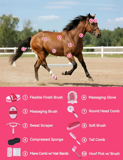 11PCS Horse Grooming Kit Curry Comb Sweat Scraper Horse Bathing Supplies Grooming Tools with Storage Bag Pink Garnet