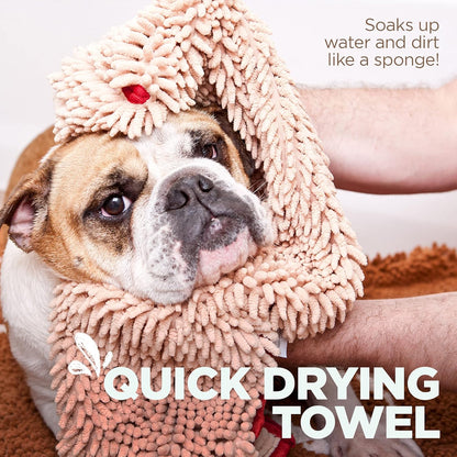 Soggy Doggy Super Shammy Dog Towel - Microfiber Chenille Towel for Drying Dogs and Cleaning Paws - Fast Drying with Hand Pockets for Ease (Beige/Red Trim, 31” x 14”)