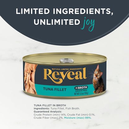 Reveal Natural Wet Cat Food, 12 Count, Grain Free, Limited Ingredient Canned Food for Cats, Tuna Fillet in Broth, 5.5 oz Cans