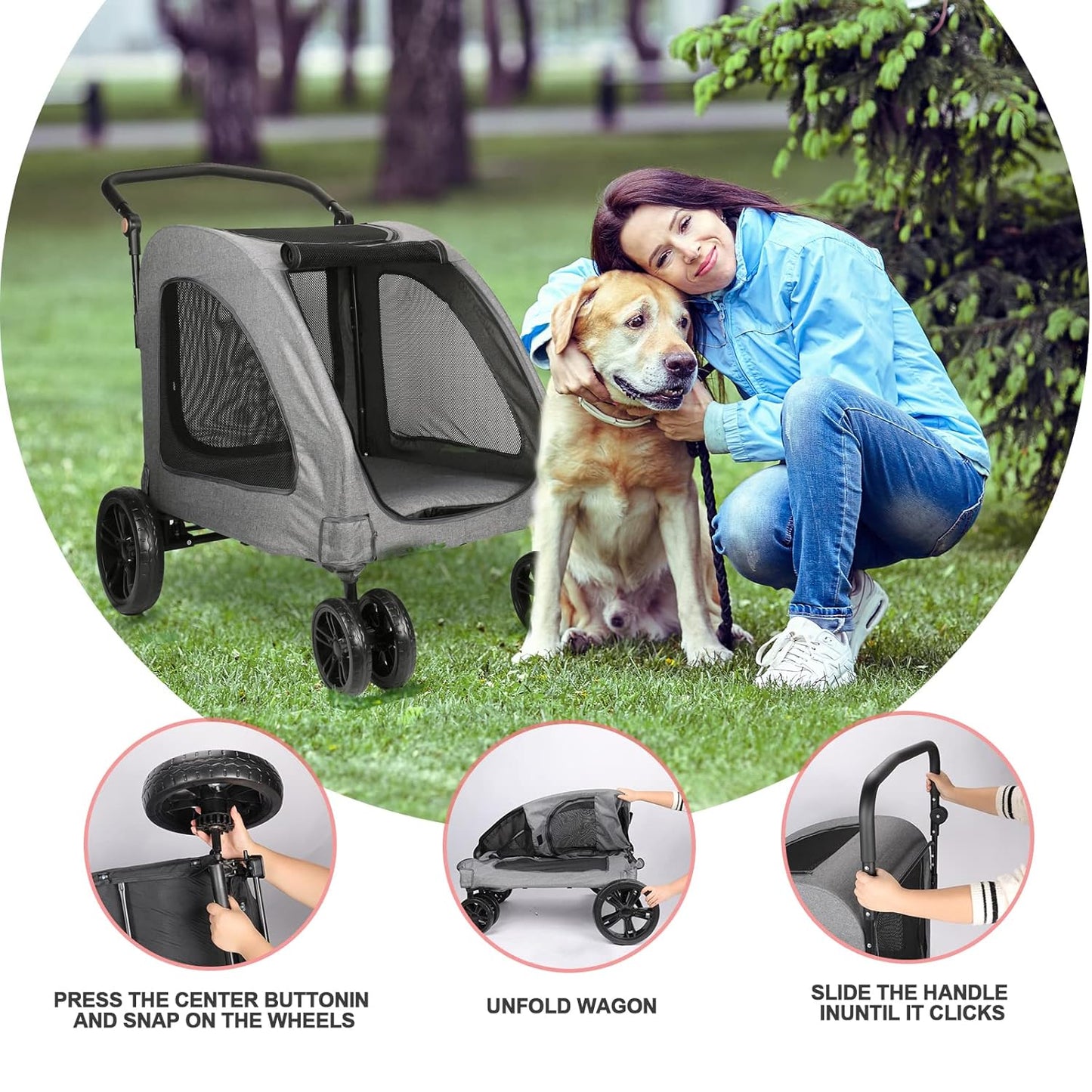 Large Dog Travel Stroller with 4 Heavy Duty Wheels Pet Stroller with Adjustable Handle - Double Doggie Capacity Jogger Wagon with Back Front Door for Small Medium Large Dogs (Dark Light Gray)