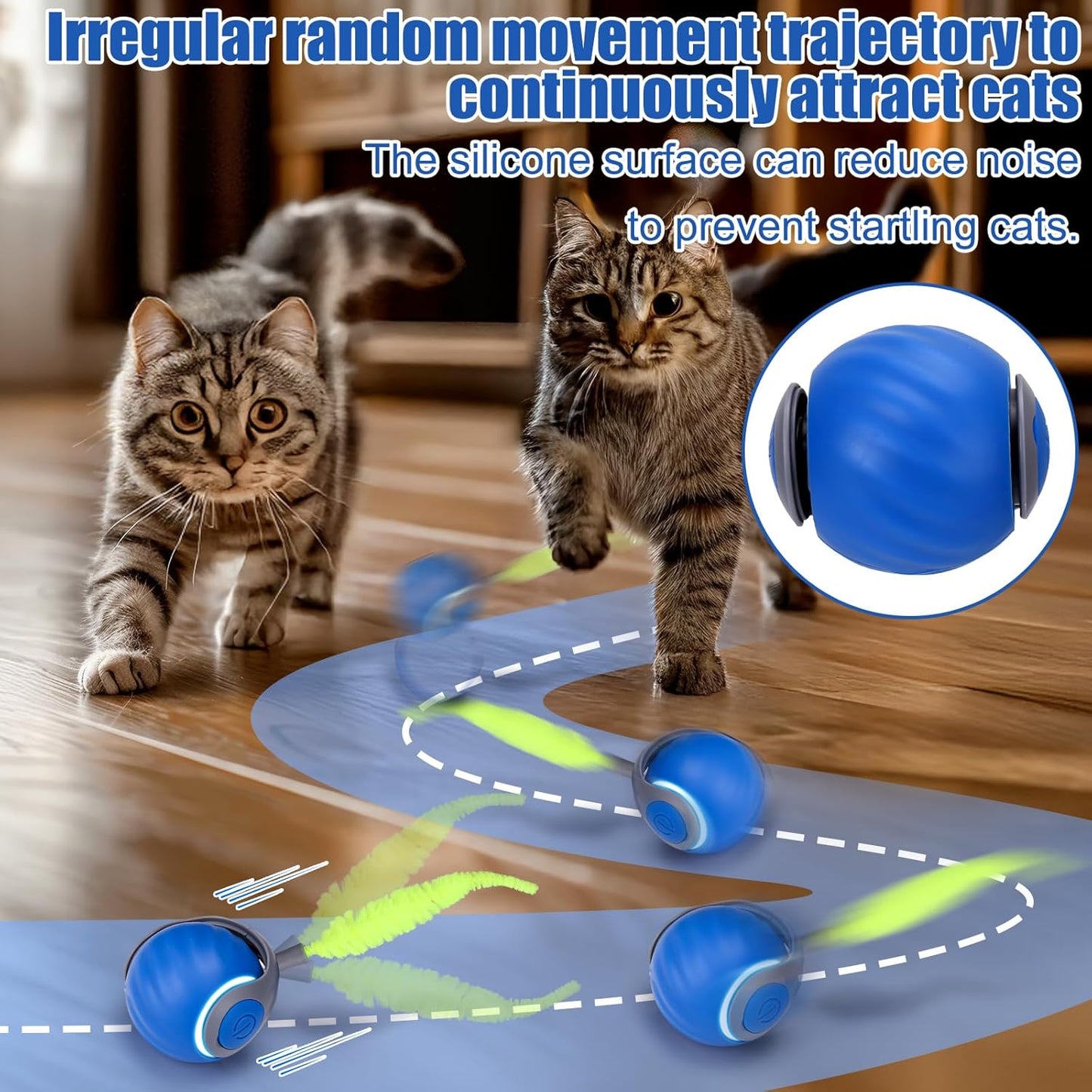 AIERSA Interactive Cat Toys for Indoor Adult Cats, Automatic Self-Play Cat Ball Toy for Kitten to Keep Them Busy, Electric Speed Tail Moving Cat Toy with 3 Tails and 4 Springs (Blue)