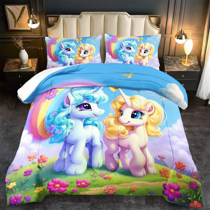 Unicorn Comforter Set Queen,Kawaii Unicorn Bedding Set Queen Kids,Rainbow Comforter Blue Bedroom Decor,Cute Animal Bedding Rainbow Bed Decor for Girls,Cartoon Blue Floral Quilt