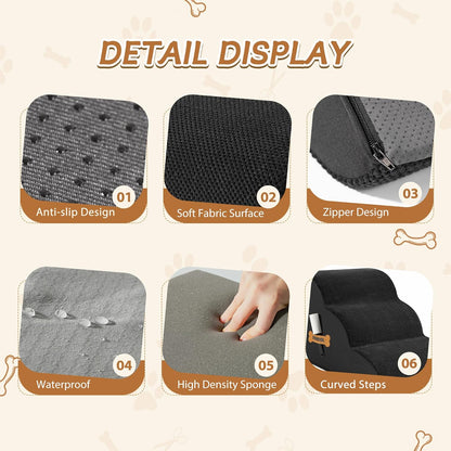 Romrol Dog Stairs Ramp for Beds Couches, Extra Wide Pet Steps with Durable Non-Slip Waterproof Fabric Cover, Dog Slope Stairs for Small Dogs and Cats or Pets Friendly, 3-Tiers, 13 Inch,Black