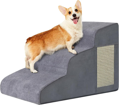 Pet Stairs, Dog Stairs for Small Dogs, Dogs Steps, 3-Step Curved Dog Ramp for Bed, Couch, Sofa, Car and Chairs, Non-Slip Bottom Design, Cat Scratching Board, High Density Foam Portable Pet Step, Grey