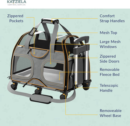 Katziela Rolling Pet Carrier - Airline Compliant with Removable Wheels - TSA Approved for Small Dogs and Cats - Soft FAA Travel Airplane Underseat Wheeled Luggage