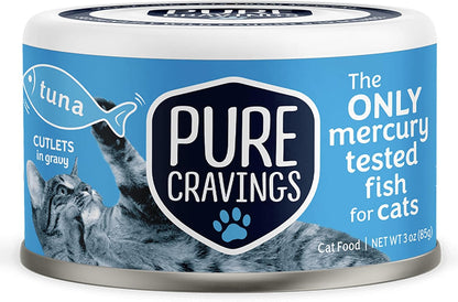 Wet Cat Food Canned Tuna Cutlets in Gravy, 100% Mercury-Tested, Moist Can Fish for Cats, Grain-Free, Protein, Non-GMO, Pack of 12