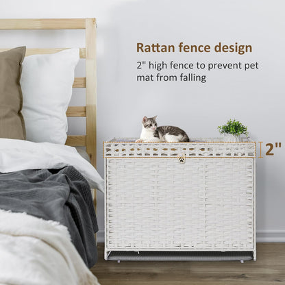 Cat Litter Box Enclosure with Soft Litter Mat; Hidden Cat Washroom Furniture with Door; Handwoven Rattan Cat House with Large Space; Pet Crate for Living Room, Bedroom, Balcony (White)