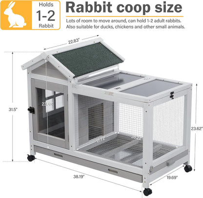 Wooden Rabbit Hutch with Waterproof Roof,Outdoor/Indoor Bunny Cage with Removable Slide-Out Bottom Tray, Chewproof Rabbit cage for Small-Medium Animals (Guinea Pigs, Hedgehogs)