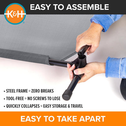 K&H Pet Products Elevated Outdoor Dog Cot Bed, Raised Cooling Bed with Washable Breathable Mesh for Large Dogs, Portable Raised Platform Pet Bed, Heavy Duty Metal Frame Hammock Bed, Jumbo, Gray