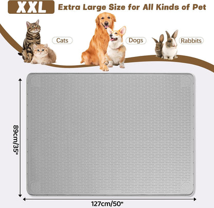 Cat Food Mat, 50" x 35" Extra Large Silicone Pet Feeding Mat with Raised Edge Pet Placemat for Food and Water Bowl Non-Slip, Easy to Clean, Floor Protection (Grey)