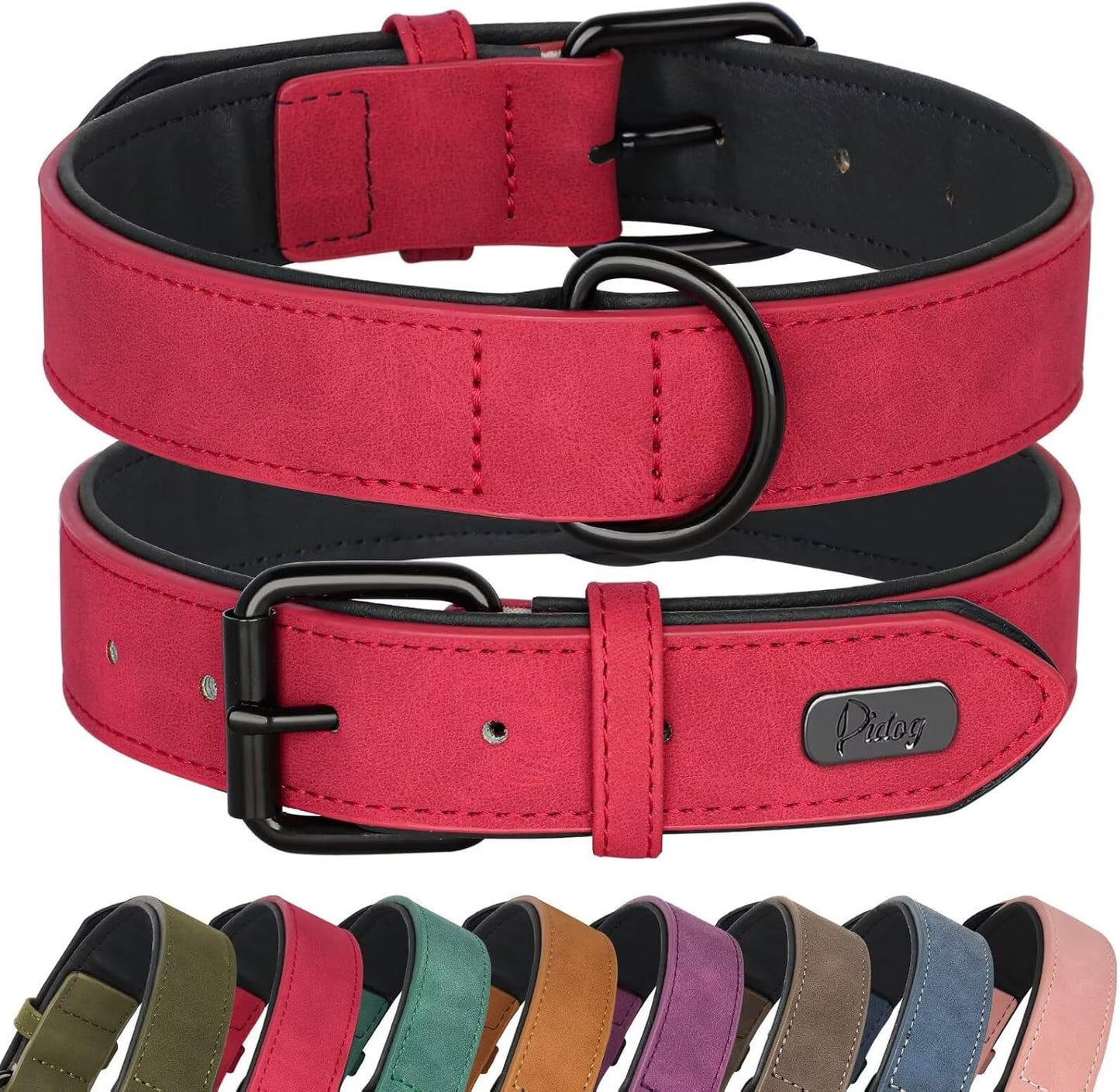 Didog Soft Padded PU Leather Dog Collar, Breathable and Adjustable Red Dog Collars for Medium Dogs, Comfortable for Daily Walk, Red, L Fit Neck 13-17"(22-44 lbs)