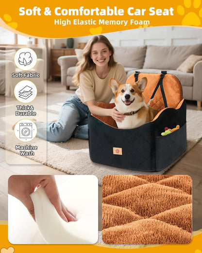 Car Seat Booster for Dog: High-Support Memory Foam Pet Car Seat for Small/Medium Dogs Under 35lbs with Elevated Cushion,Pockets - Detachable Washable Puppy Travel Bed for Driving(Black/Brown)