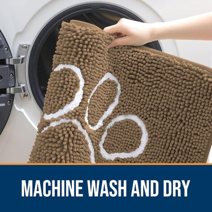 OLANLY Door Mat for Muddy Dog Paws 24x16, Ultra Absorbent Chenille Mud Doormat with Paw Print Design, Non-Slip Washable Doormat for Indoor Entryway, Quick-Dry Pet Bed Mats for Dirty Dogs, Tan