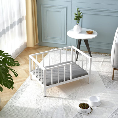 Dog Bed with Rails - Elevated Pet Metal Bed Frame with Solid Wood Board and Washable Soft Mat for Small Dog Indoor or Outdoor Use, 21.3" x 30 ", White