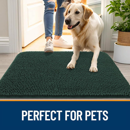OLANLY Dog Door Mat for Muddy Paws 54x32, Absorbs Moisture and Dirt, Absorbent Non-Slip Washable Doormat, Quick Dry Chenille Mud Mat, Entry Indoor Entryway Carpet for Inside Floor, Blackish Green
