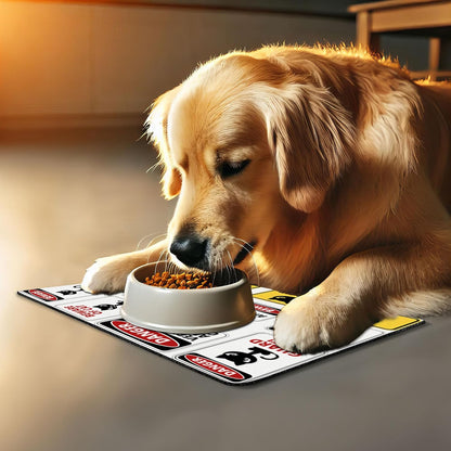 Lunarable Funny Pet Mat for Food and Water, Beware Guard Cat Signs Humorous Comic and Plates Warning Graphic, Non-Slip Rubber Mat for Dogs and Cats, 18" X 12", Yellow Red