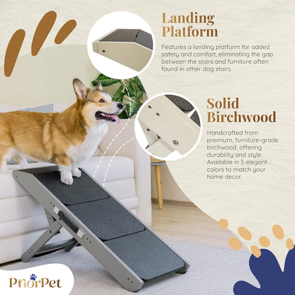 Dog Steps for Bed & Couch 2-in-1 Dog Stairs/Ramp - Height Adjustable Dog Ramp for Couch 7” - 20” - Pet Stairs, Dog Stairs for Small Dogs - Easy to Move Pet Steps with Landing Platform, Gray