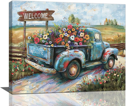 Farmhouse Truck Wall Art Rustic Country Wildflowers Wall Decor Road Flowers Landscape Pictures Canvas Print Painting Artwork for Bathroom Living Room Bedroom 16"x20"