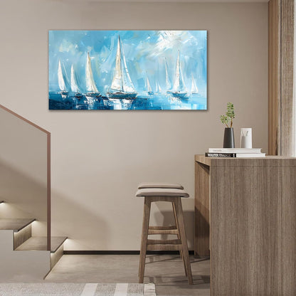 Large Blue and White Sailboat Wall Art Nautical Sails Canvas Living Room Ocean Pictures Framed Prints Oversize Wall Decor Painting Artwork for Bedroom Dining Office Home 60"x30"