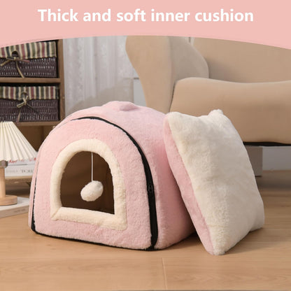 Cat Bed for Indoor Cats，Foldable cat cave，Anti-Slip & Water-Resistant Bottom，cat Houses for Indoor Cats or Small Dogs, Kitten Tent, Rabbit Bed，2 in 1 pet Bed (Pink)