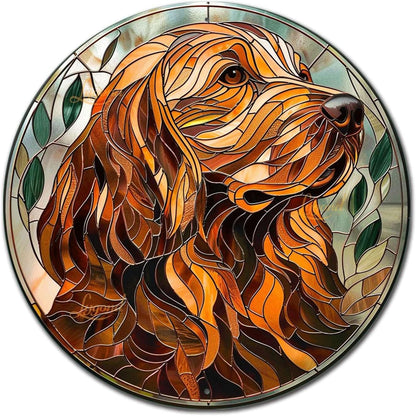 Lygond Metal Sign Tin Sign Circular Stained Glass Dog Outhouse Wall Decor For Pet 8×8 Inches