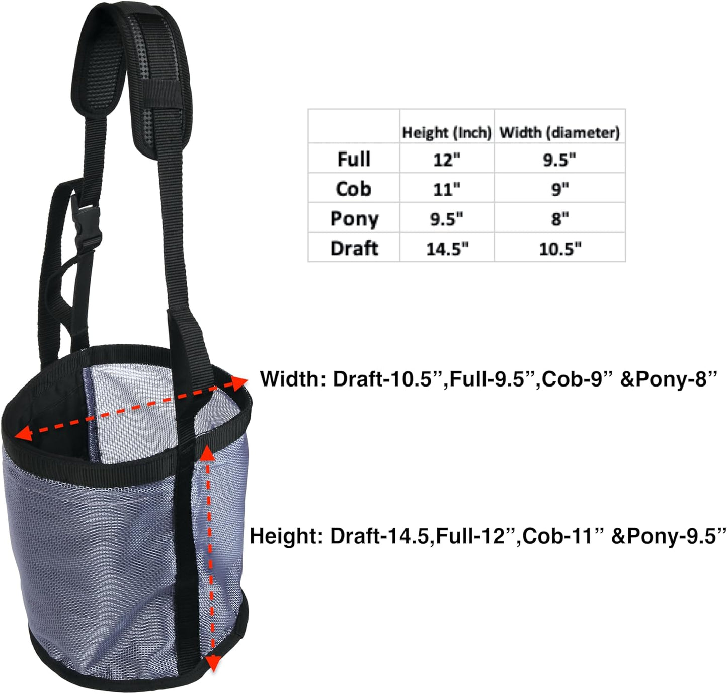 Majestic Ally Horse Feed Bag, Heavy Duty Nylon Mesh Grain Feed Bag, Adjustable Strap with Durable Snap and Elastic Straps, Comfort Neck Pad and Nose Pad- Large (Full, Black)