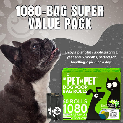 Pet N Pet 1080 Counts Black Poop Bags for Dogs, 41% Plant Based & 59% PE Extra Thick Dog Poop Bags Rolls, 9" x 13", Unscented Pet Waste Bag