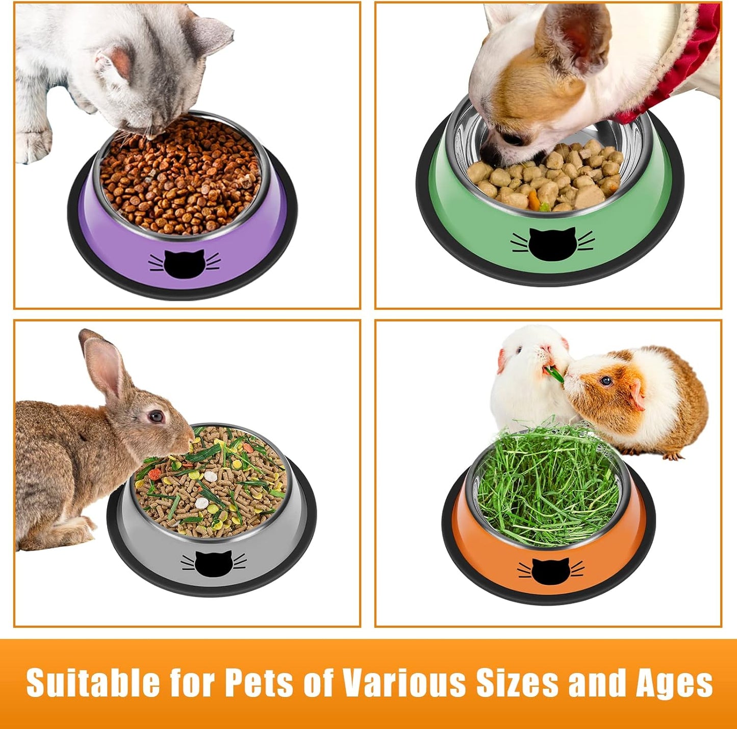3Pcs Cat Bowls, Non-Slip Stainless Steel, 7 Oz, Suitable for Indoor Pets, Removable Rubber Base, Lovely Color