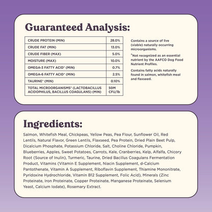 Vibrant Salmon Probiotic Dog Food Dry, 4lb Bag, Allergy and Gut-Friendly Adult Kibble for Digestive Health with Wild-Caught Salmon, 20 Plant Based Superfoods, Beef and Poultry Free