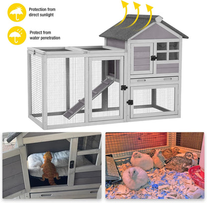 Aivituvin Rabbit Hutch Indoor Bunny Cage Outdoor with Run Chicken Coop Guinea Pig House with Waterproof Asphalt Roof,No Leakage Pull Out Tray (103.2" L x 25.2" W x 36.2" H, Grey-2 Sets)