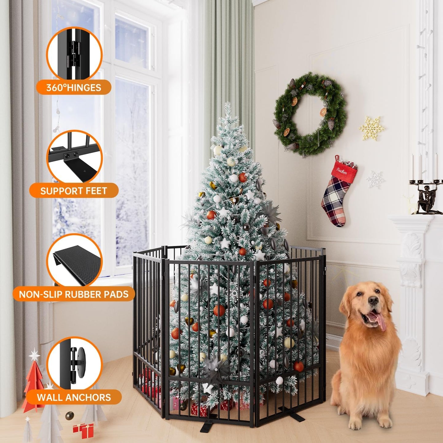 Full Metal Freestanding Dog Gate with Door, 36''Height Foldable Pet Dog Fence for Indoor & Outdoor, 8 Panels Extra Wide Free Standing TallDog Gates for Doorways,House,Stairs,Porch,Deck,Yard