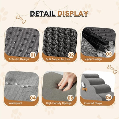 Dog Stairs, Romrol Dog Steps Ramp for High Bed and Couch, Dogs Ramp with Durable Non-Slip Waterproof Fabric Cover, Pet Stairs for Small Dogs and Cats or Pets Joints, 4-Tiers,Grey