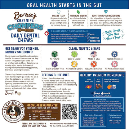 Bernie's Charming Chompers - Daily Dental Chews for Dogs 26-50 Lbs. - 36 Count - Cleans Teeth, Freshens Breath, + Boosts Oral-Gut Microbiome. Easy to Digest, Supports Healthy Digestion Naturally