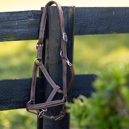 HORZE Warren Soft Adjustable Genuine Leather Horse Halter | Stainless Steel Hardware - Light Brown - Warmblood
