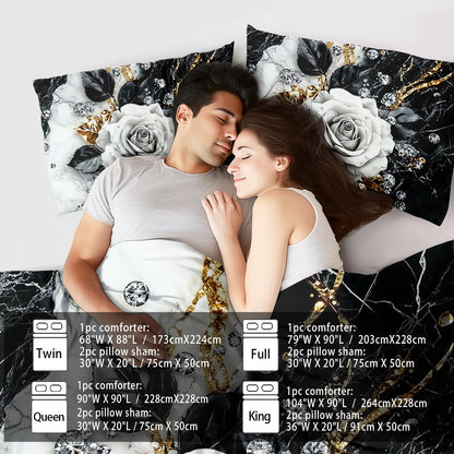 Marble Floral Comforter Set for Full Bed Women,Vintage Flower Bedding Set Full,White and Black Comforter Rose Quilt for Girls,Rose Bedding Floral Bedroom Decor Adults