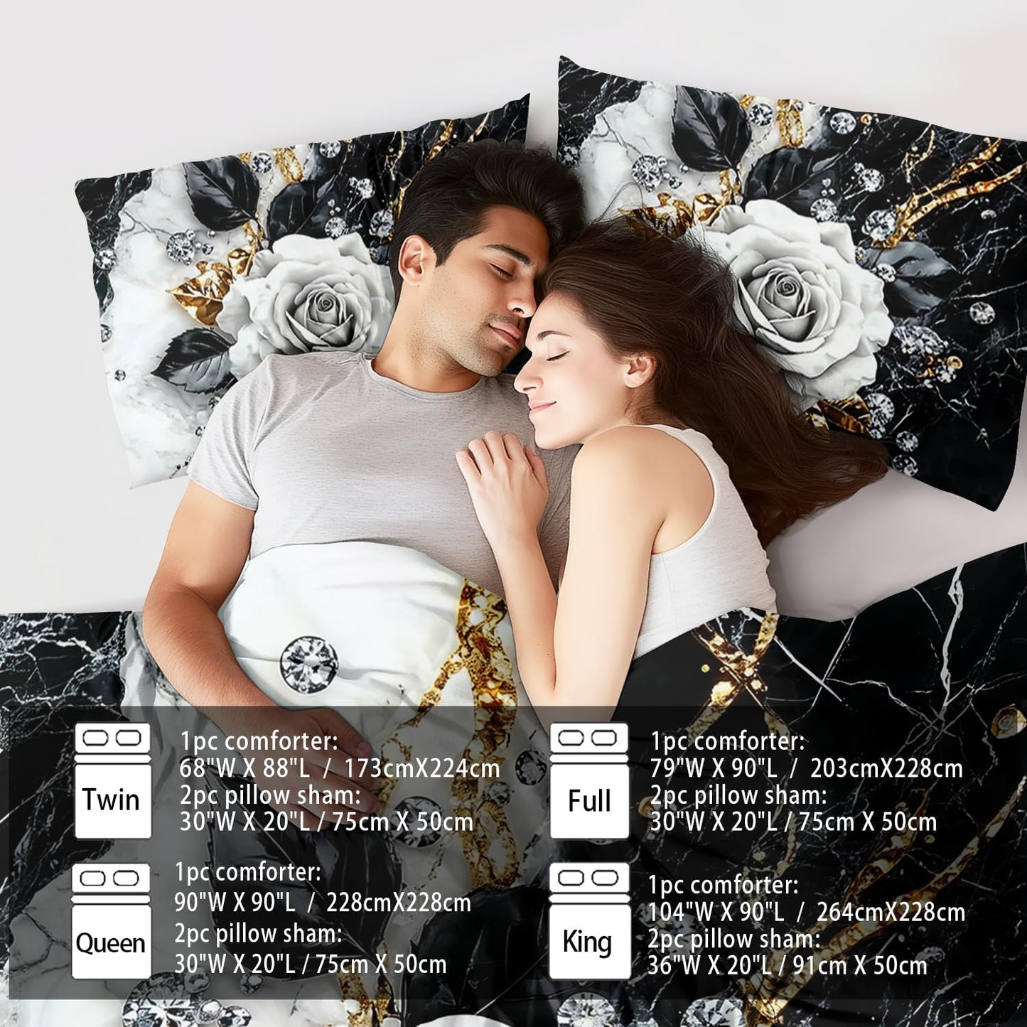 Marble Floral Comforter Set for Queen Bed Women,Vintage Flower Bedding Set Queen,White and Black Comforter Rose Quilt for Girls,Rose Bedding Floral Bedroom Decor Adults