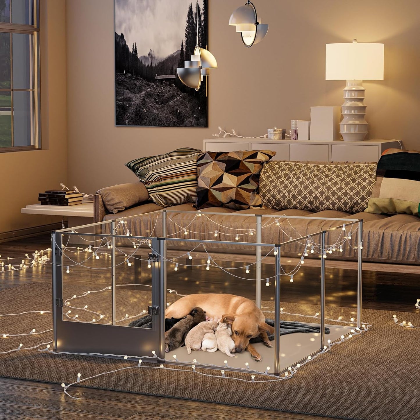 Dog Clear Playpen Fence Kennel: 32” Extra Tall Indoor Pet Birthing Cage Whelping Box with Waterproof Fertility Pad - 52”x52” Extra Large Dogs Exercise Crate Pen Made by Acrylic and Aluminum Frame