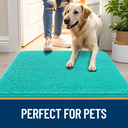 OLANLY Dog Door Mat for Muddy Paws 70x46, Absorbs Moisture and Dirt, Absorbent Non-Slip Washable Doormat, Quick Dry Chenille Mud Mat for Dogs, Entry Indoor Entryway Carpet for Inside Floor, Teal