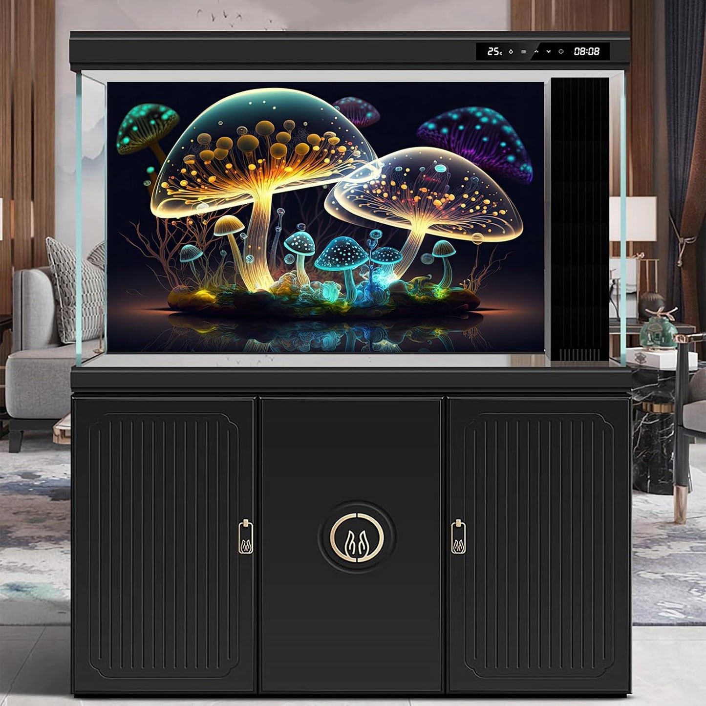 Mushroom Aquarium Background Abstract Glowing Fantasy Mushrooms Terrarium Background Mysterious Forest Magical Night In Circle Shape Crystal Glass Fish Tank Backdrop Decorations Vinyl 36x24in