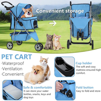 Dog Stroller,3 Wheels Travel Folding Pet Stroller for Small Medium Dog Cat Jogger Stroller with Storage Basket Removable Liner Blue