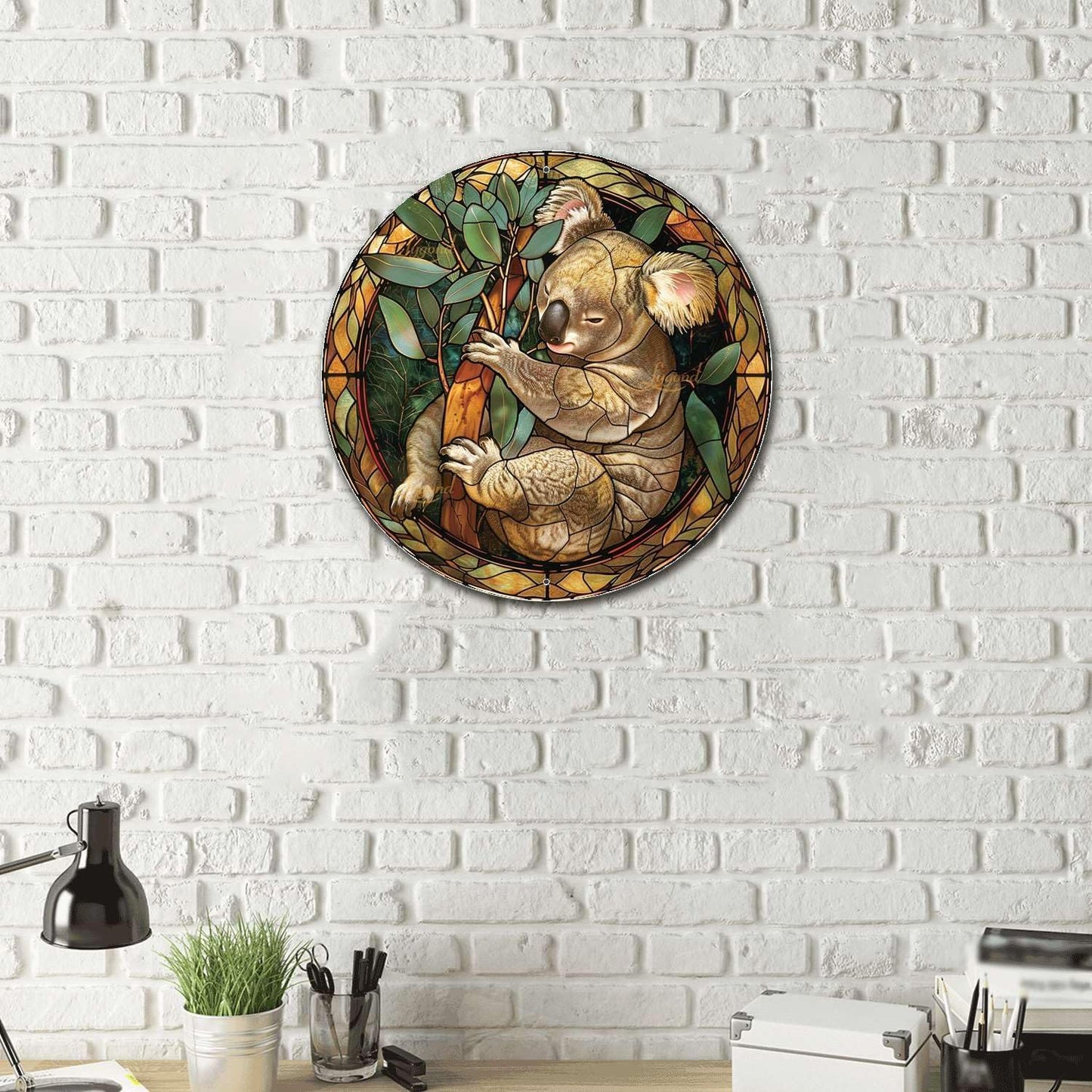 Lygond Metal Sign Tin Sign Circular Stained Glass Koala Kitty Decor for Garden 8×8 Inches