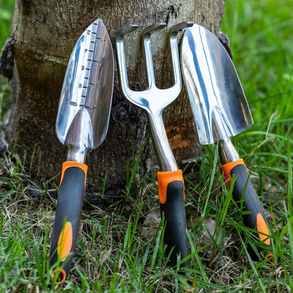 ESOW Garden Tool Set 7 PCS, Includes Cast-Aluminum Heavy Duty Hand Trowel, Transplant Trowel, Hand Rake, SK-5 Steel Gardening Scissor, Plant Tie, Bag & Gloves, Tool Kit Gifts