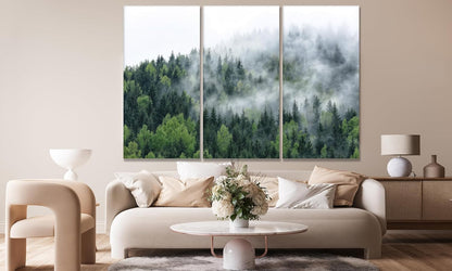 Nature Wall Art Prints - Ocean Forest Mountain Lake Canvas Landscapes - Small to Extra Large Living Room Bedroom Kitchen Bathroom Décor (Pine Trees in Fog, 35L" x 53W" - 3 Panels)