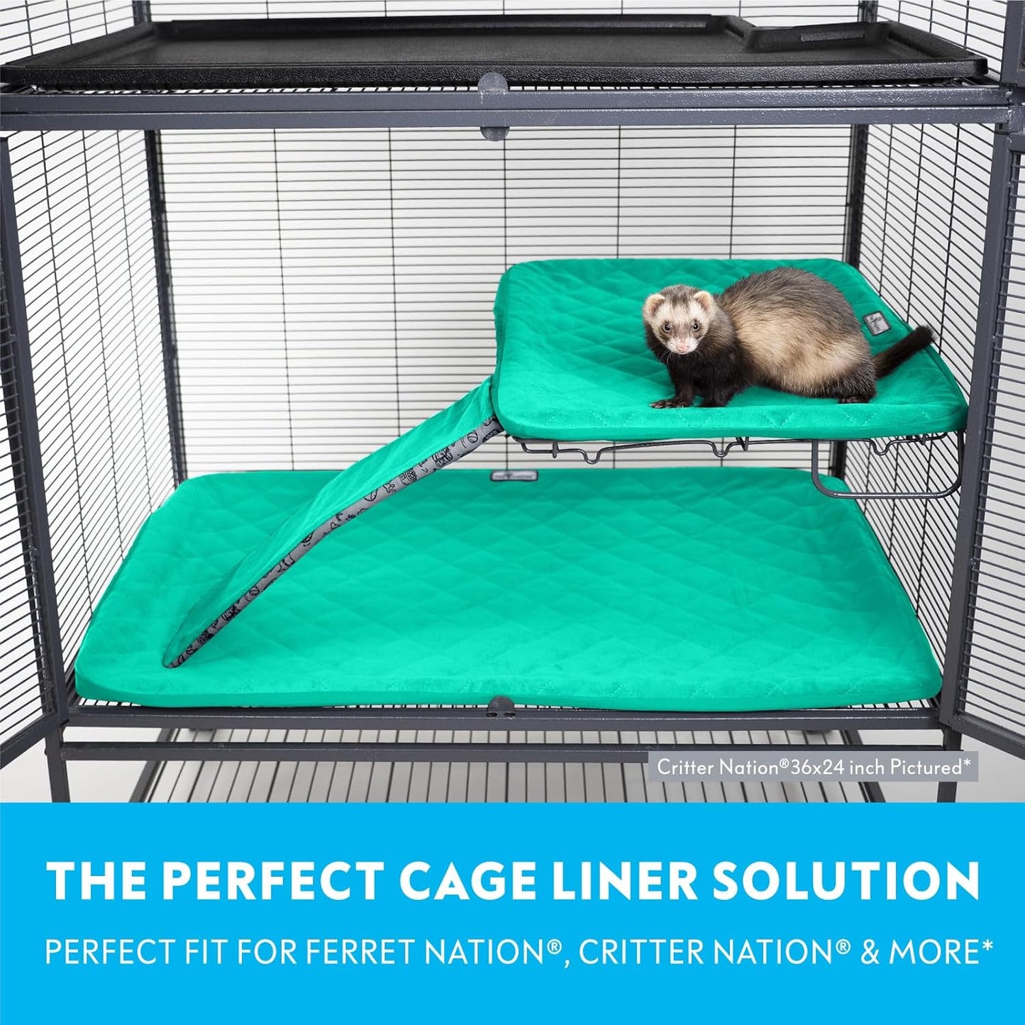 Paw Inspired Fitted Fleece Cage Liner Set for Ferret Nation, Critter Nation Single Unit (Bottom Pan Liner, Ramp Cover, Shelf Liner) for Ferrets, Rats, Chinchillas, Hedgehogs, Small Animals (Green)