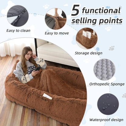Human Dog Bed, Brown, 71''x45''x12'' Size Fits You and Pets, Washable Faux Fur Pet Bed for People Doze Off, Napping Orthopedic Dog Bed, Present Plump Pillow, Blanket, Strap